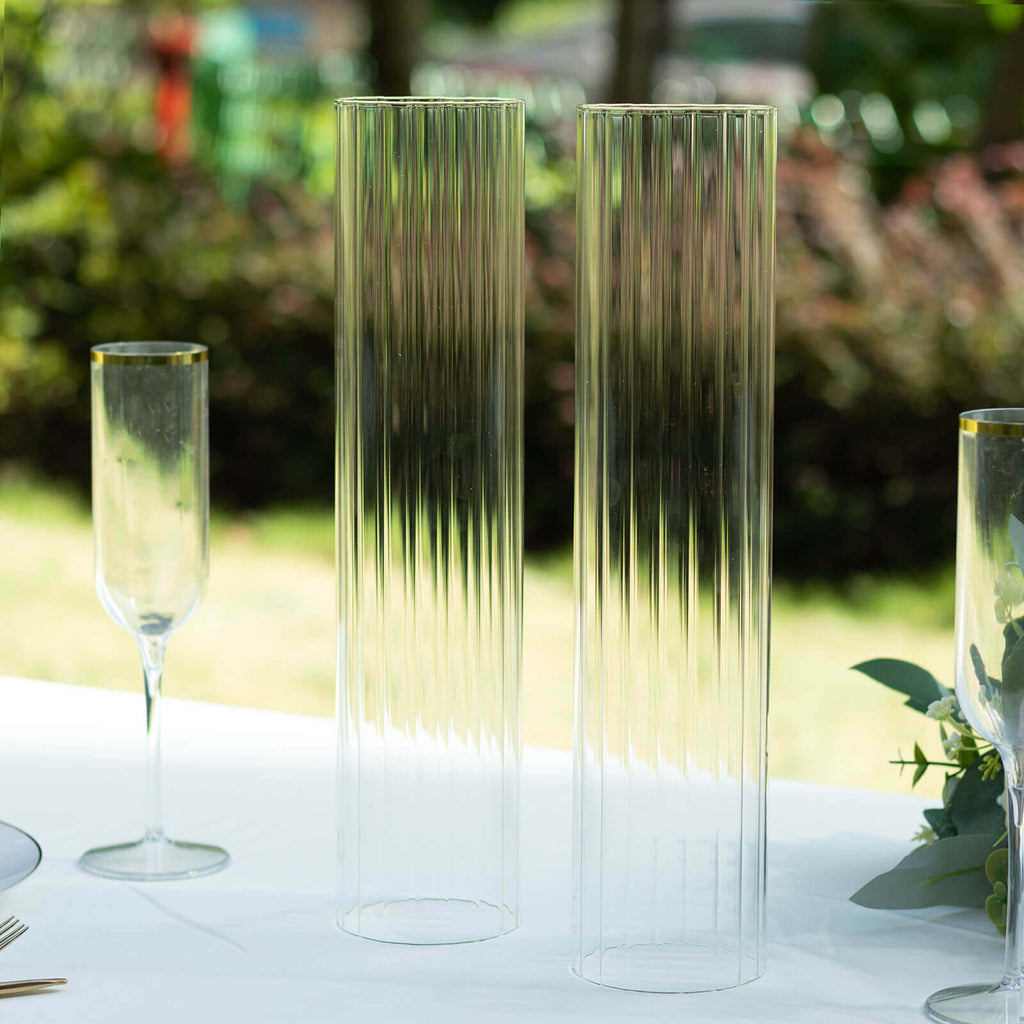 2 - Pack Clear Ribbed Glass Hurricane Shades Open End Design - Stylish Candelabra Pillar Candle Holder Table Centerpiece 14" - Bell Racket Store