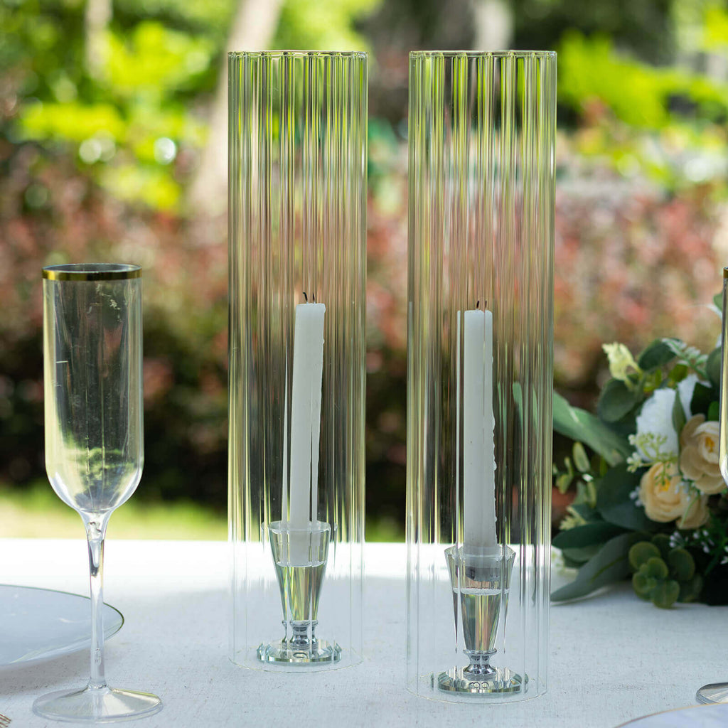 2 - Pack Clear Ribbed Glass Hurricane Shades Open End Design - Stylish Candelabra Pillar Candle Holder Table Centerpiece 14" - Bell Racket Store