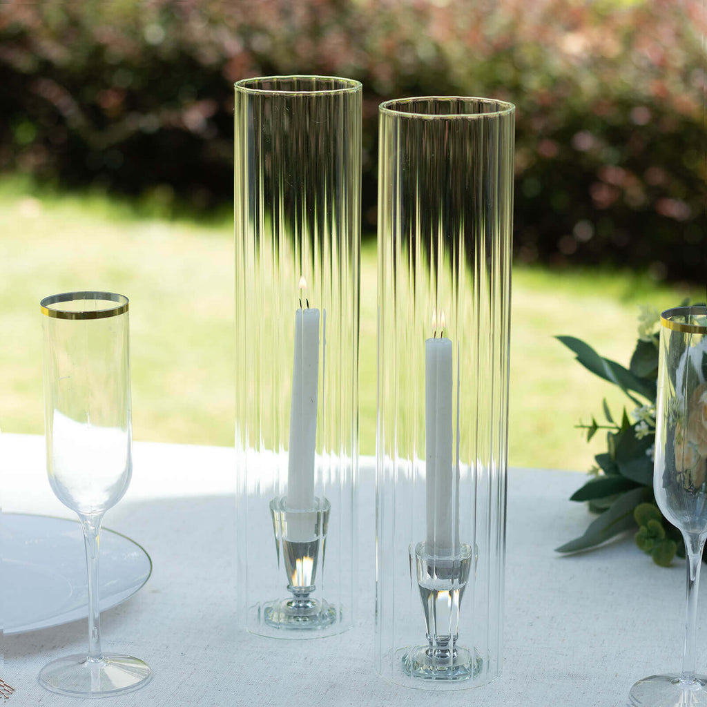 2 - Pack Clear Ribbed Glass Hurricane Shades Open End Design - Stylish Candelabra Pillar Candle Holder Table Centerpiece 14" - Bell Racket Store