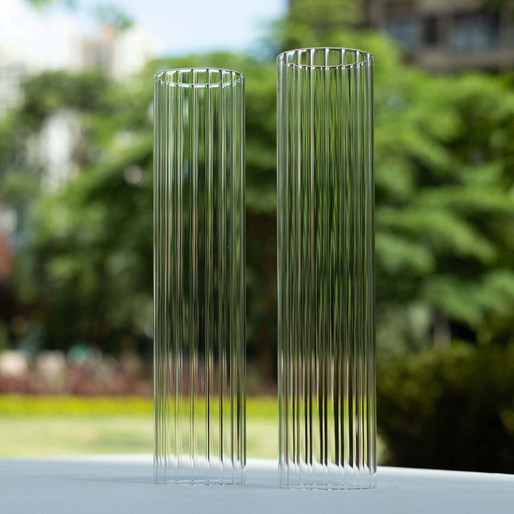 2 - Pack Clear Ribbed Glass Hurricane Shades Open End Design - Stylish Candelabra Pillar Candle Holder Table Centerpiece 14" - Bell Racket Store