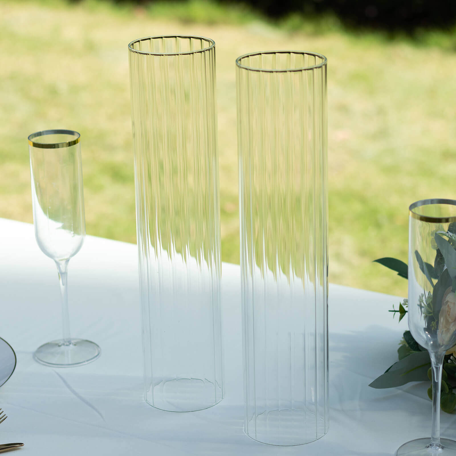 2 - Pack Clear Ribbed Glass Hurricane Shades Open End Design - Stylish Candelabra Pillar Candle Holder Table Centerpiece 14" - Bell Racket Store