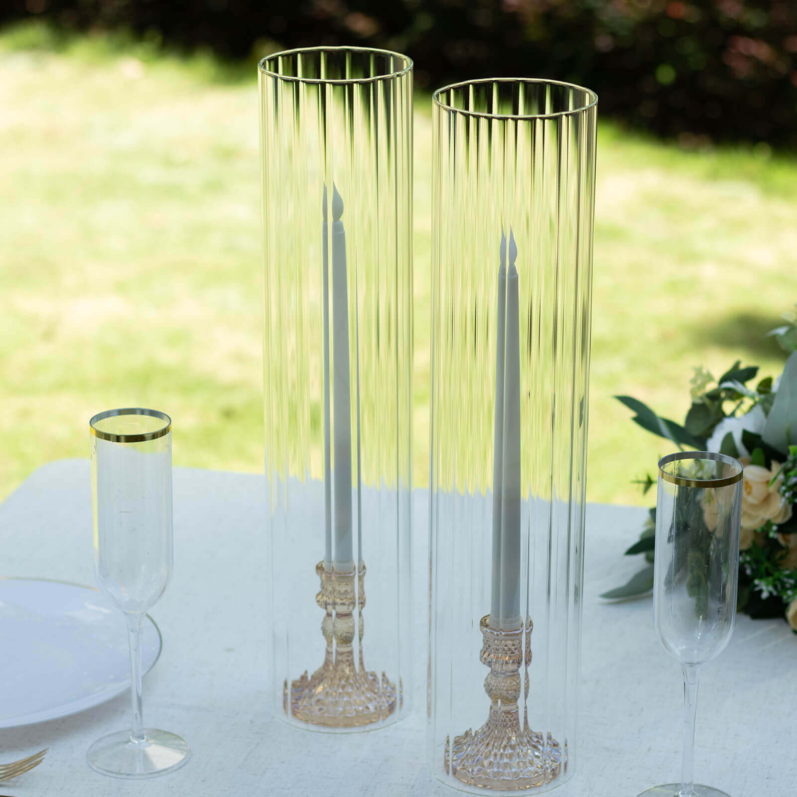 2 - Pack Clear Ribbed Glass Hurricane Shades Open End Design - Stylish Candelabra Pillar Candle Holder Table Centerpiece 18" - Bell Racket Store