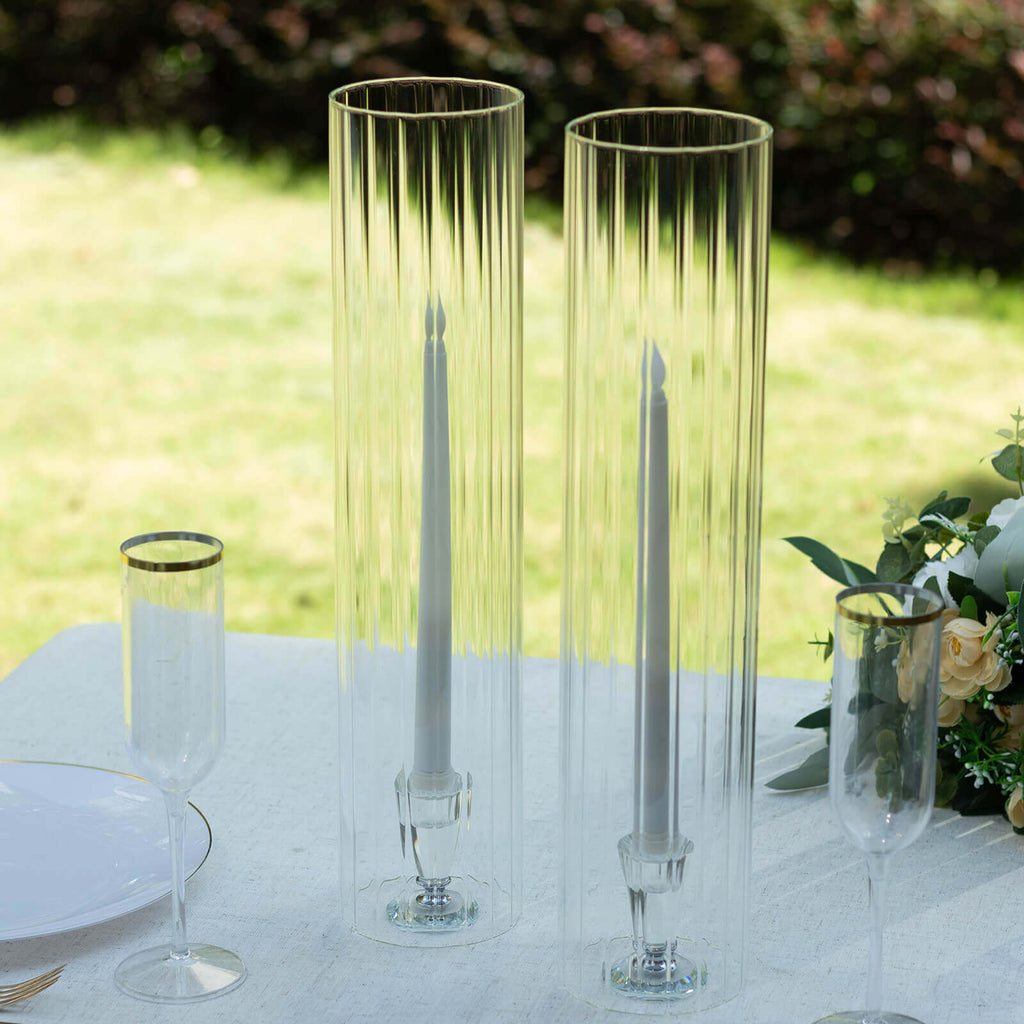 2 - Pack Clear Ribbed Glass Hurricane Shades Open End Design - Stylish Candelabra Pillar Candle Holder Table Centerpiece 18" - Bell Racket Store