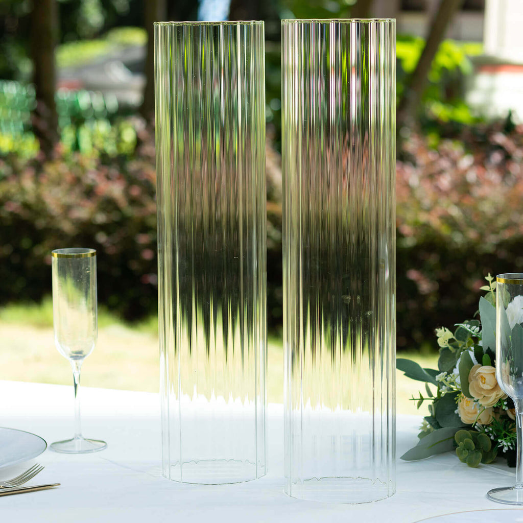 2 - Pack Clear Ribbed Glass Hurricane Shades Open End Design - Stylish Candelabra Pillar Candle Holder Table Centerpiece 20" - Bell Racket Store