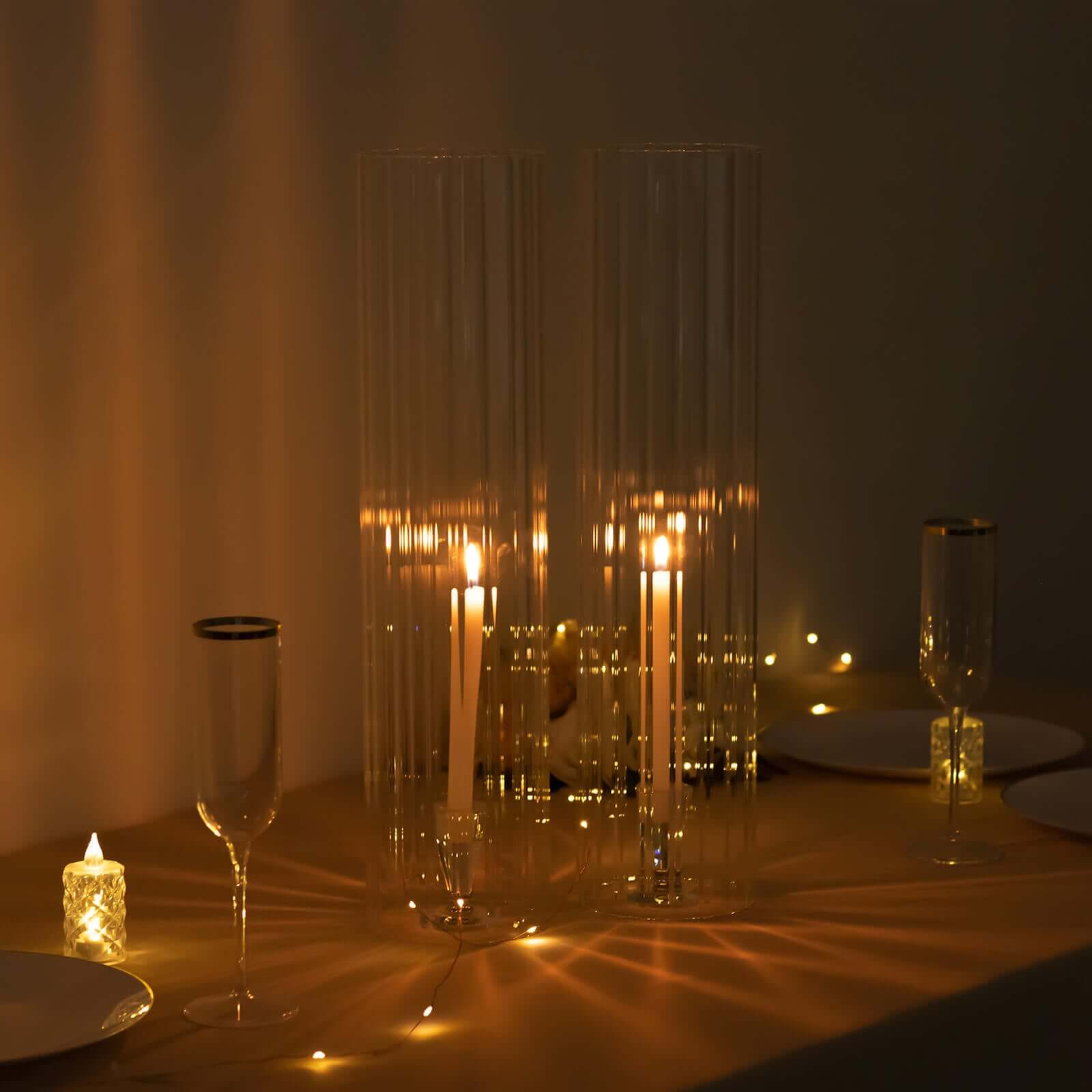 2 - Pack Clear Ribbed Glass Hurricane Shades Open End Design - Stylish Candelabra Pillar Candle Holder Table Centerpiece 20" - Bell Racket Store