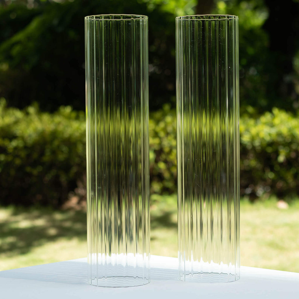 2 - Pack Clear Ribbed Glass Hurricane Shades Open End Design - Stylish Candelabra Pillar Candle Holder Table Centerpiece 20" - Bell Racket Store