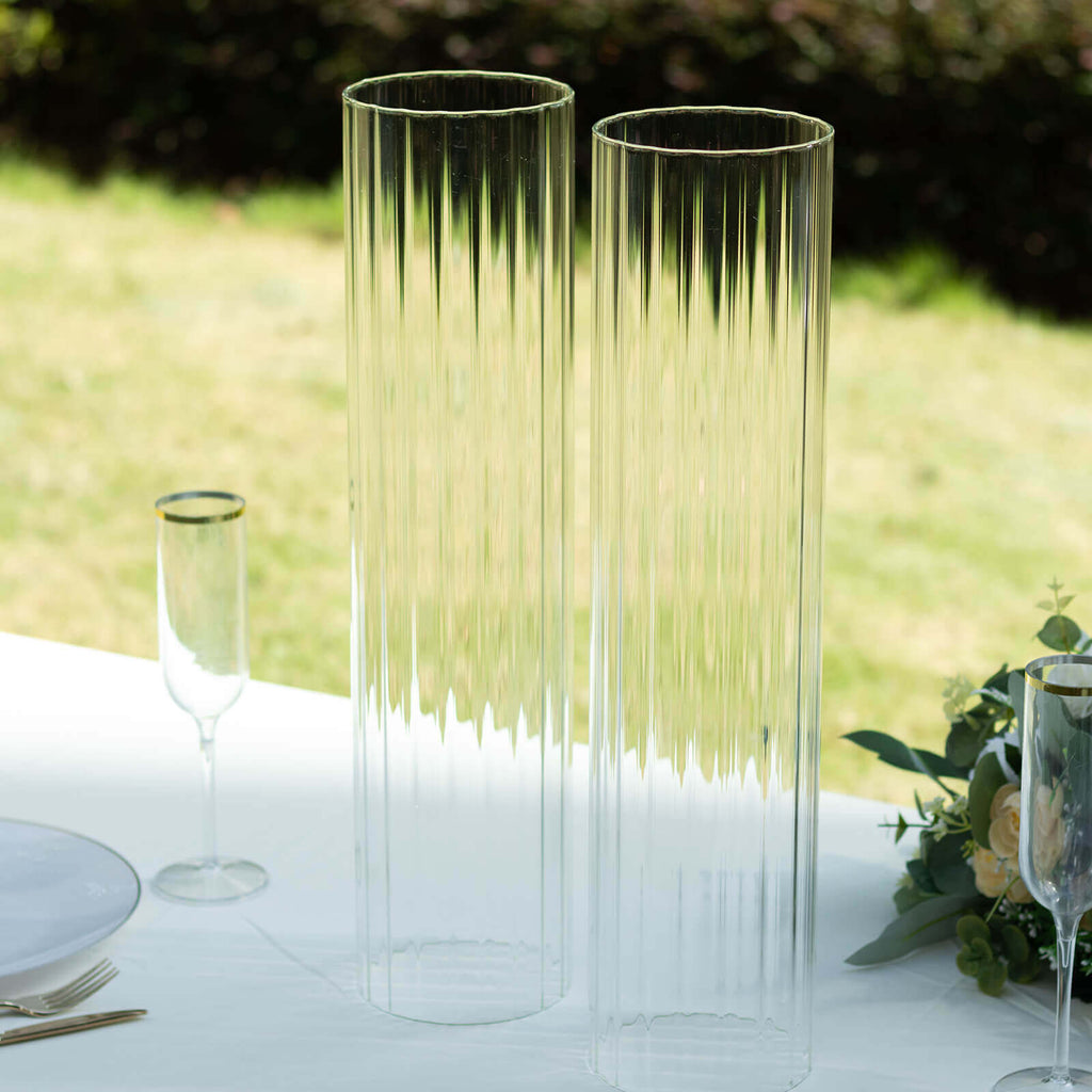 2 - Pack Clear Ribbed Glass Hurricane Shades Open End Design - Stylish Candelabra Pillar Candle Holder Table Centerpiece 20" - Bell Racket Store