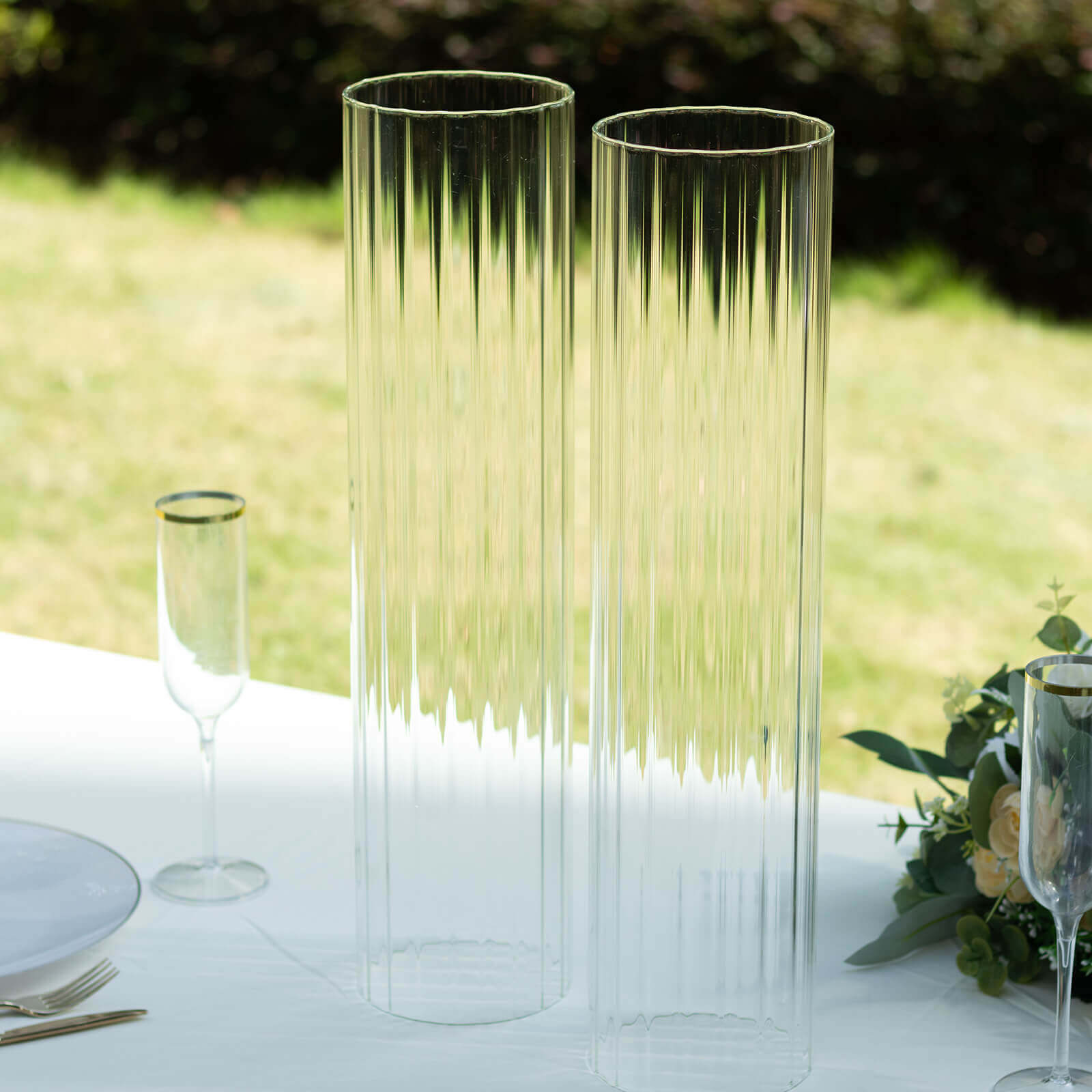 2 - Pack Clear Ribbed Glass Hurricane Shades Open End Design - Stylish Candelabra Pillar Candle Holder Table Centerpiece 20" - Bell Racket Store