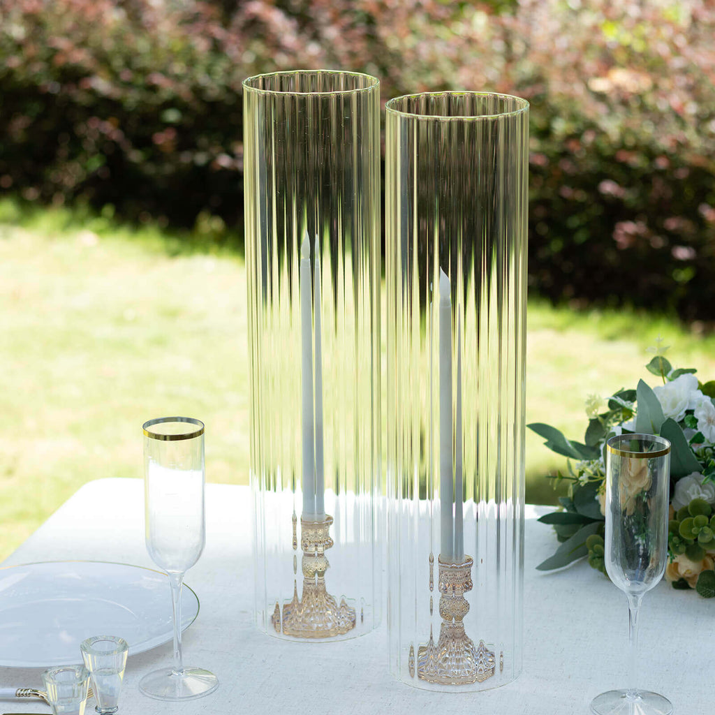 2 - Pack Clear Ribbed Glass Hurricane Shades Open End Design - Stylish Candelabra Pillar Candle Holder Table Centerpiece 20" - Bell Racket Store