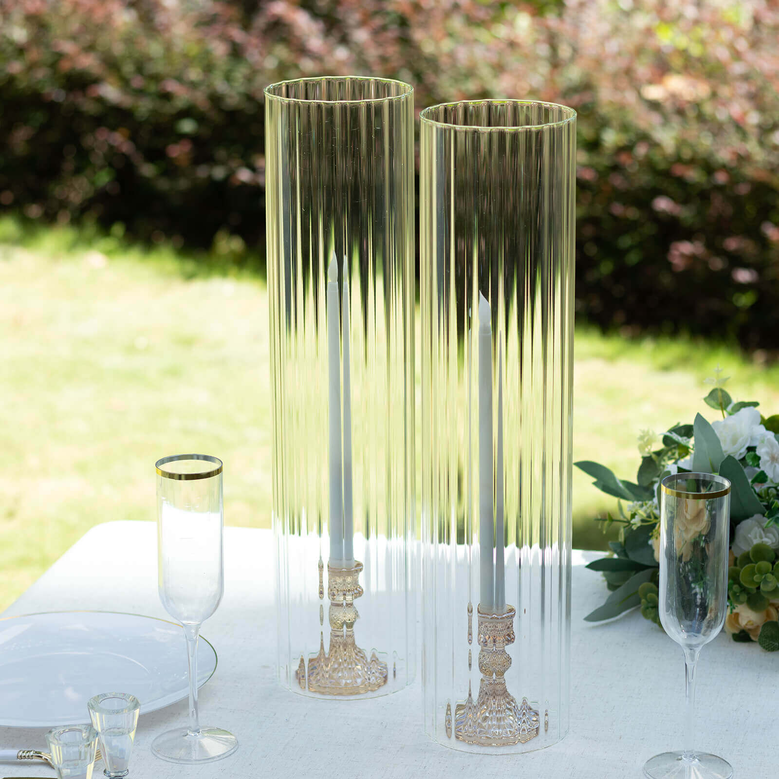 2 - Pack Clear Ribbed Glass Hurricane Shades Open End Design - Stylish Candelabra Pillar Candle Holder Table Centerpiece 20" - Bell Racket Store