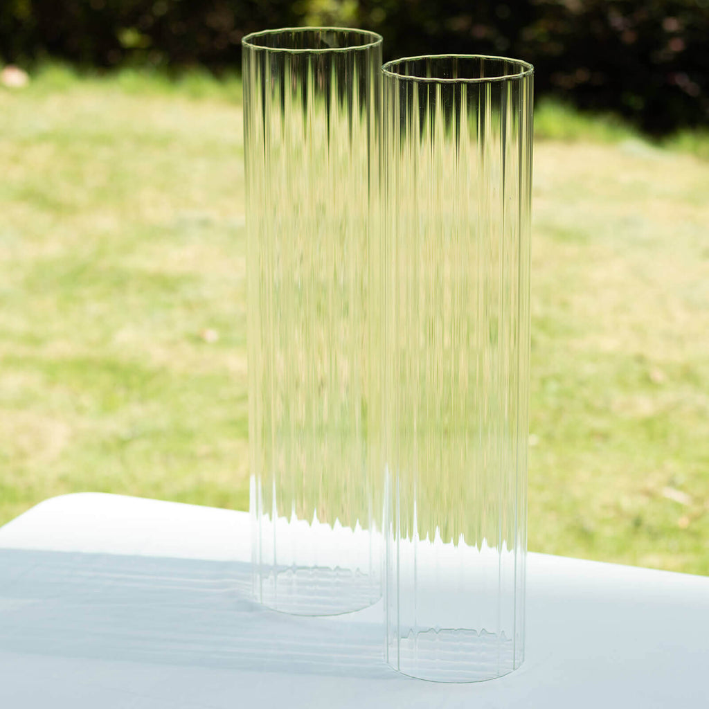 2 - Pack Clear Ribbed Glass Hurricane Shades Open End Design - Stylish Candelabra Pillar Candle Holder Table Centerpiece 20" - Bell Racket Store