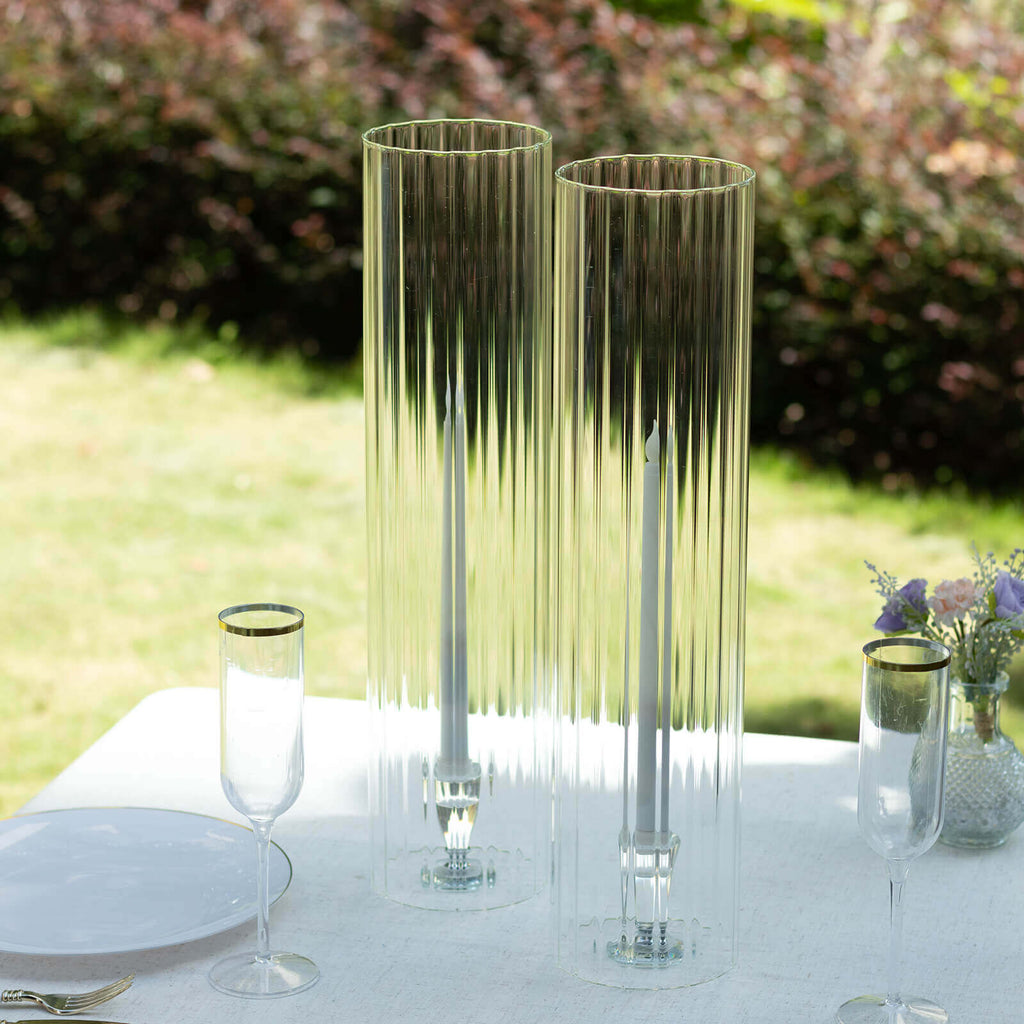 2 - Pack Clear Ribbed Glass Hurricane Shades Open End Design - Stylish Candelabra Pillar Candle Holder Table Centerpiece 20" - Bell Racket Store