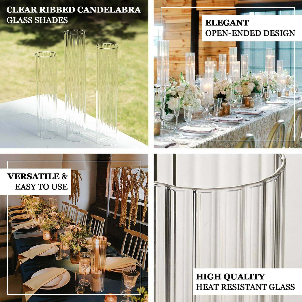 2 - Pack Clear Ribbed Glass Hurricane Shades Open End Design - Stylish Candelabra Pillar Candle Holder Table Centerpiece 20" - Bell Racket Store