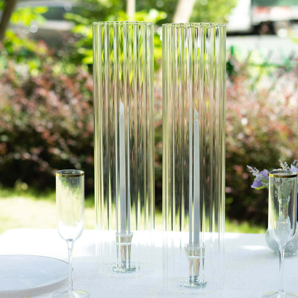 2 - Pack Clear Ribbed Glass Hurricane Shades Open End Design - Stylish Candelabra Pillar Candle Holder Table Centerpiece 20" - Bell Racket Store