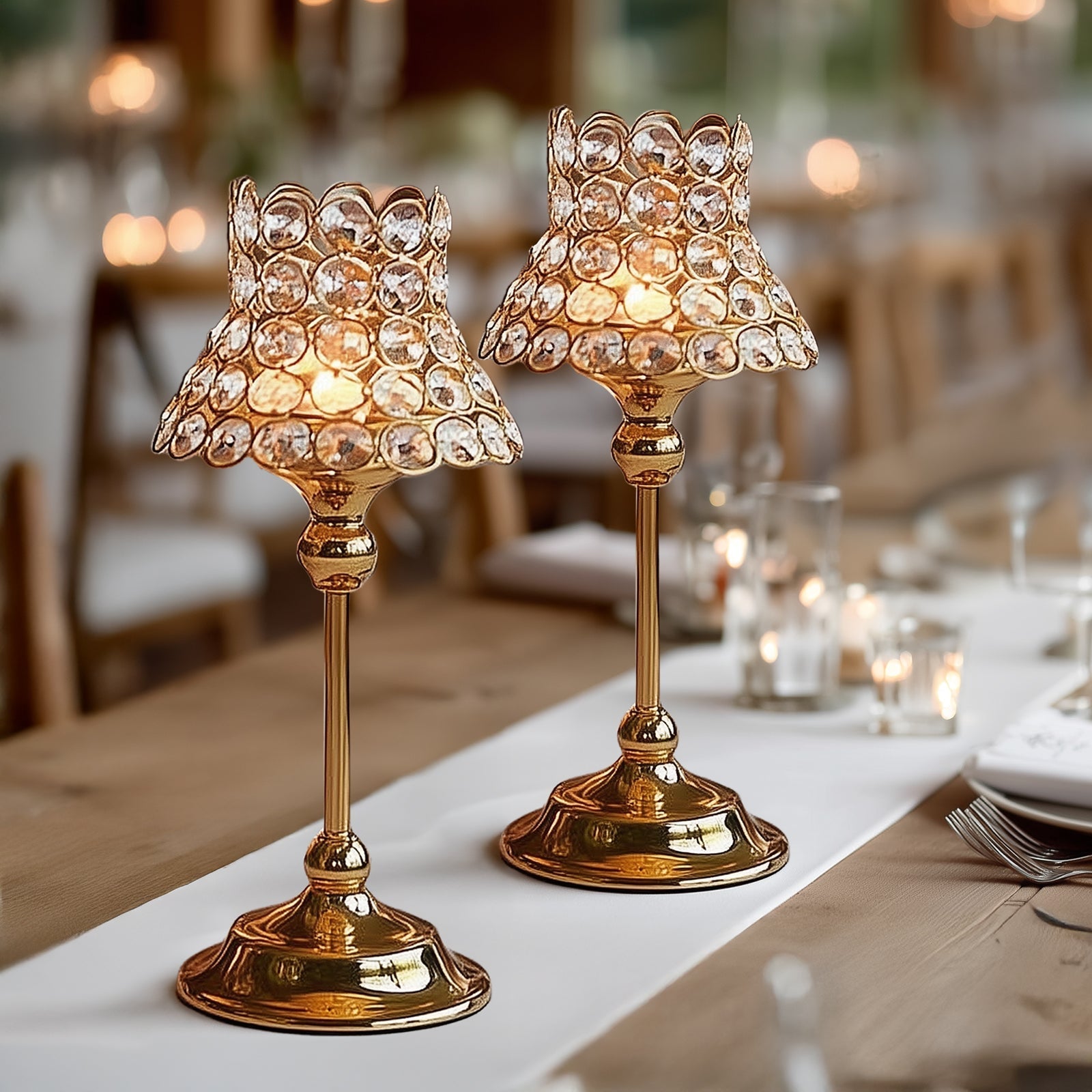 2 Pack Crystal Beaded Candle Holders â€“ 12" Tall Gold Metal Centerpieces with Lamp - Inspired Shade for Tables & Events - Bell Racket Store