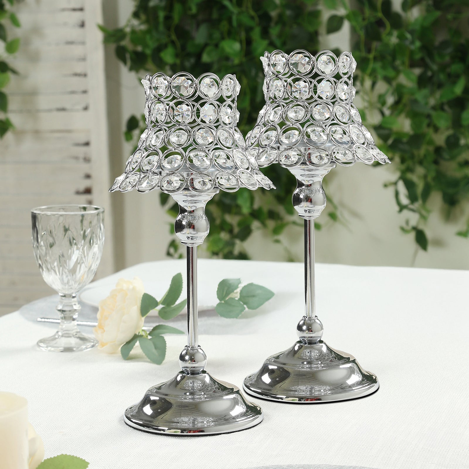 2 Pack Crystal Beaded Candle Holders â€“ 12" Tall Silver Metal Centerpieces with Lamp - Inspired Shade for Tables & Events - Bell Racket Store