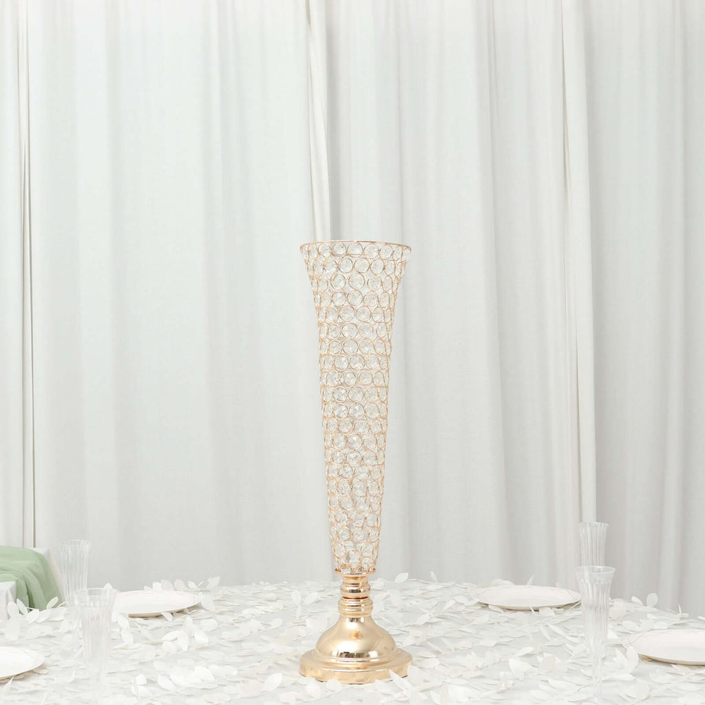 2 - Pack Crystal Beaded Trumpet Vase Gold - Exquisite Floral Display Centerpiece Stand Set for Banquets & Receptions 28" Tall - Bell Racket Store