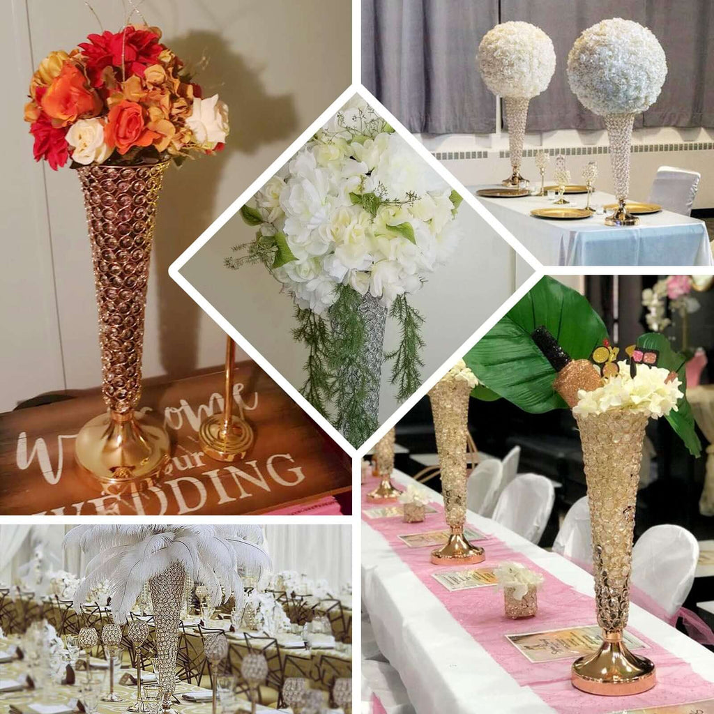 2 - Pack Crystal Beaded Trumpet Vase Gold - Exquisite Floral Display Centerpiece Stand Set for Banquets & Receptions 28" Tall - Bell Racket Store
