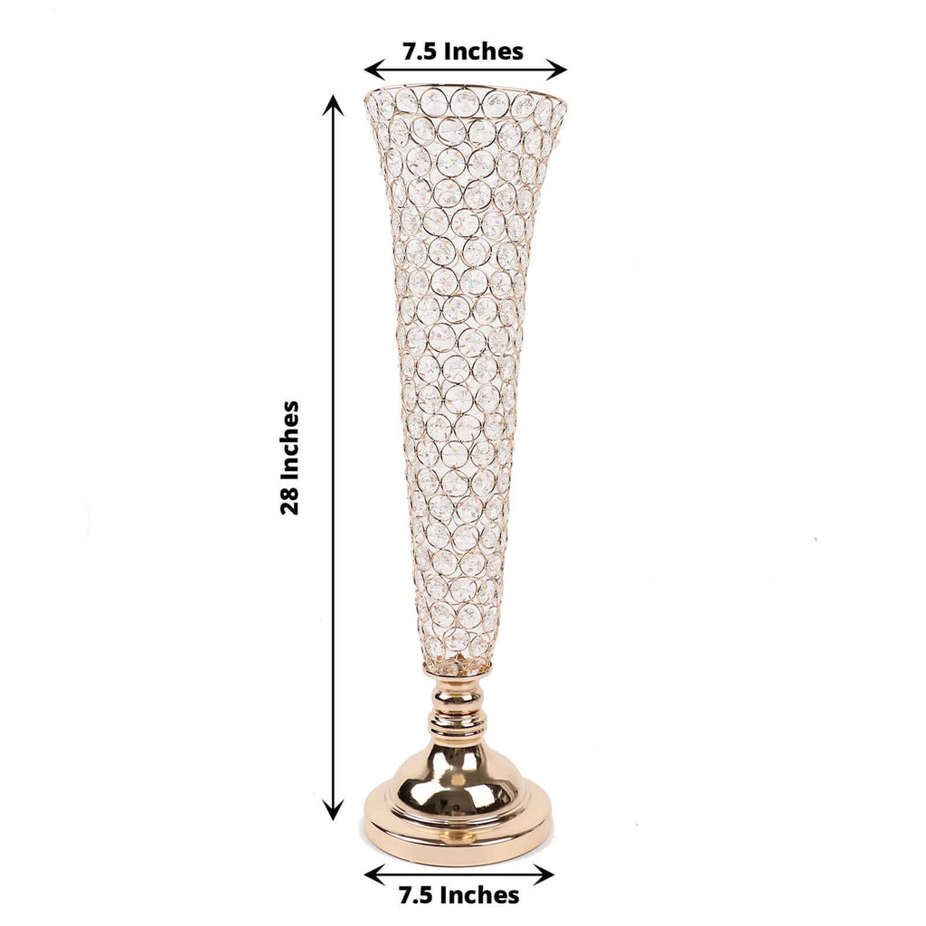 2 - Pack Crystal Beaded Trumpet Vase Gold - Exquisite Floral Display Centerpiece Stand Set for Banquets & Receptions 28" Tall - Bell Racket Store