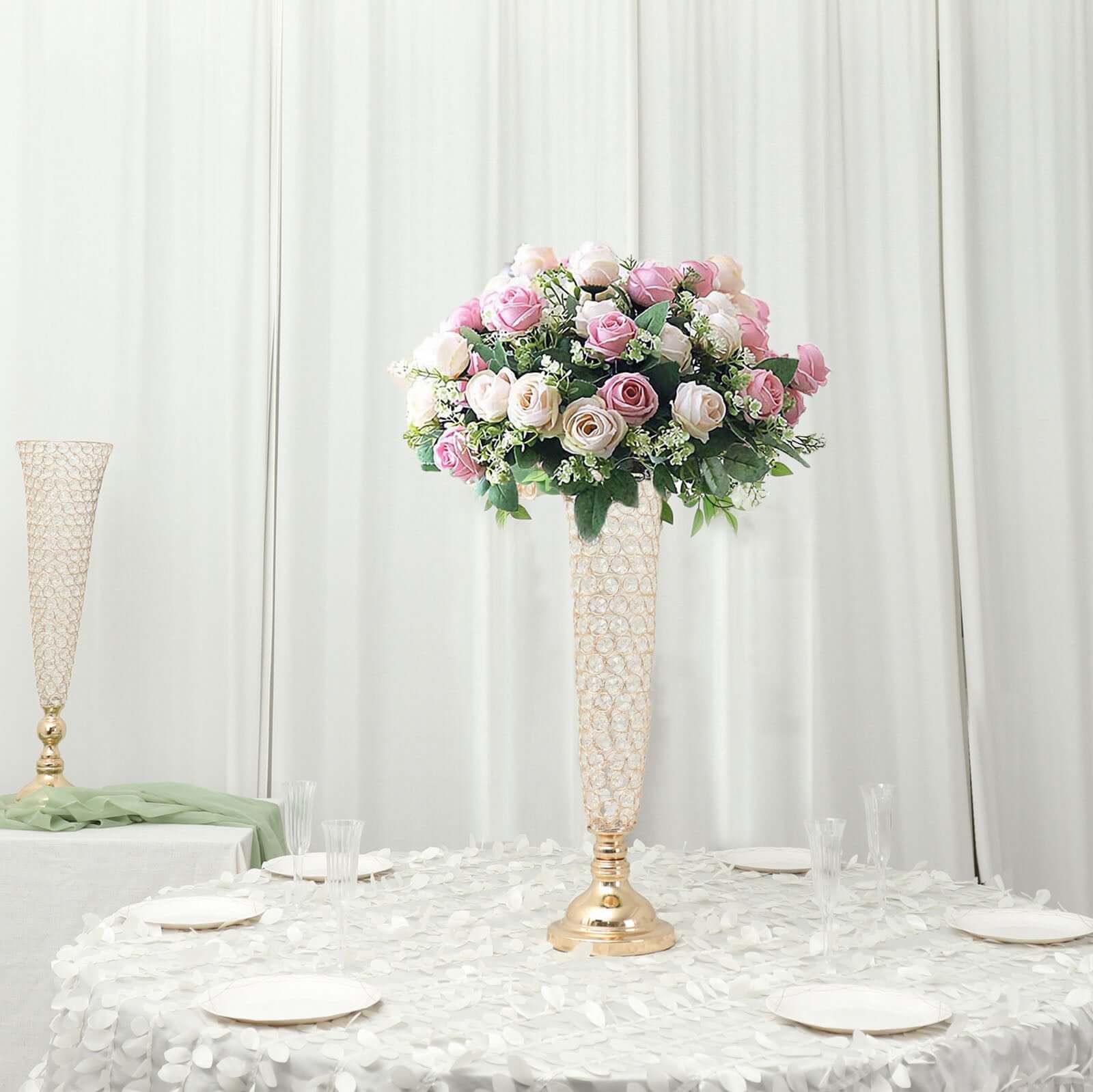 2 - Pack Crystal Beaded Trumpet Vase Gold - Exquisite Floral Display Centerpiece Stand Set for Banquets & Receptions 28" Tall - Bell Racket Store