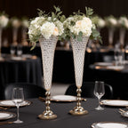 2 - Pack Crystal Beaded Trumpet Vase Set Gold - Table Centerpiece for Grand Occasions 40" - Bell Racket Store