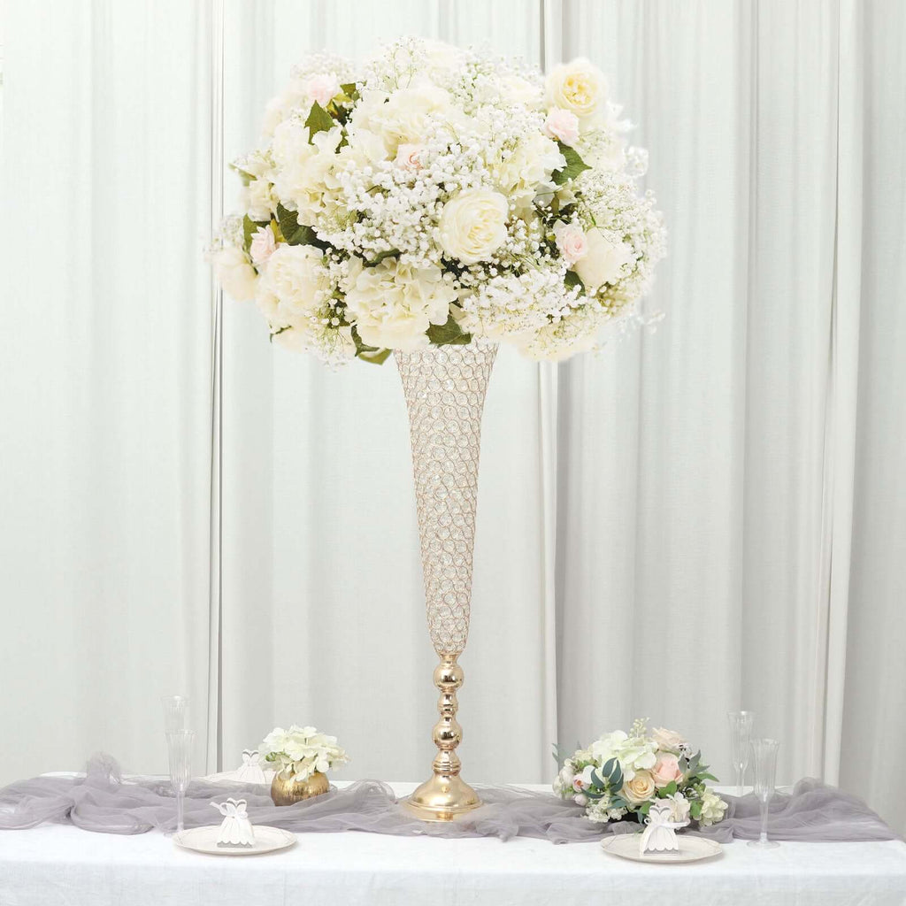 2 - Pack Crystal Beaded Trumpet Vase Set Gold - Table Centerpiece for Grand Occasions 40" - Bell Racket Store