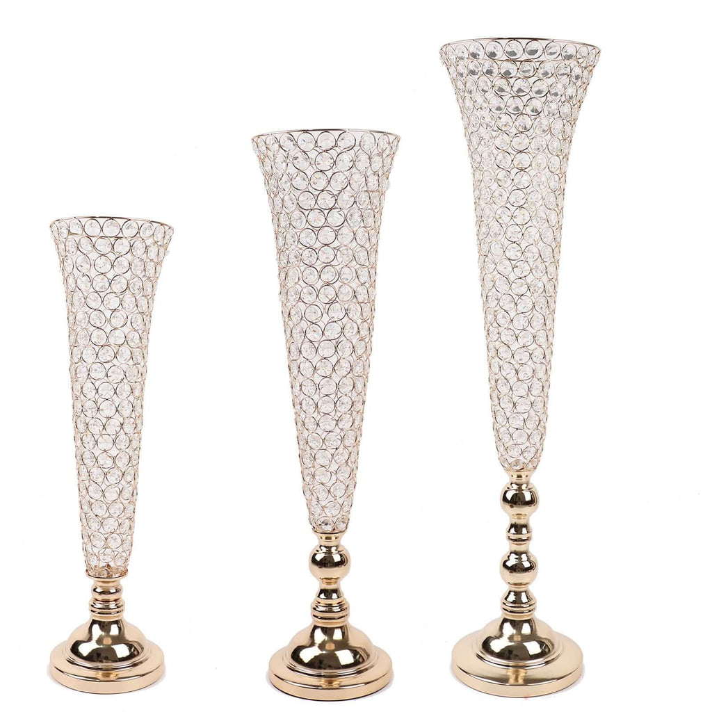 2 - Pack Crystal Beaded Trumpet Vase Set Gold - Table Centerpiece for Grand Occasions 40" - Bell Racket Store