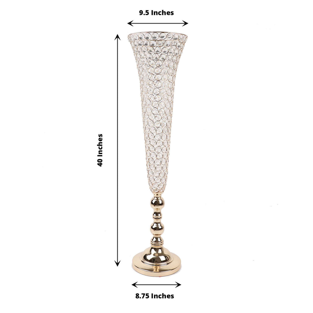 2 - Pack Crystal Beaded Trumpet Vase Set Gold - Table Centerpiece for Grand Occasions 40" - Bell Racket Store