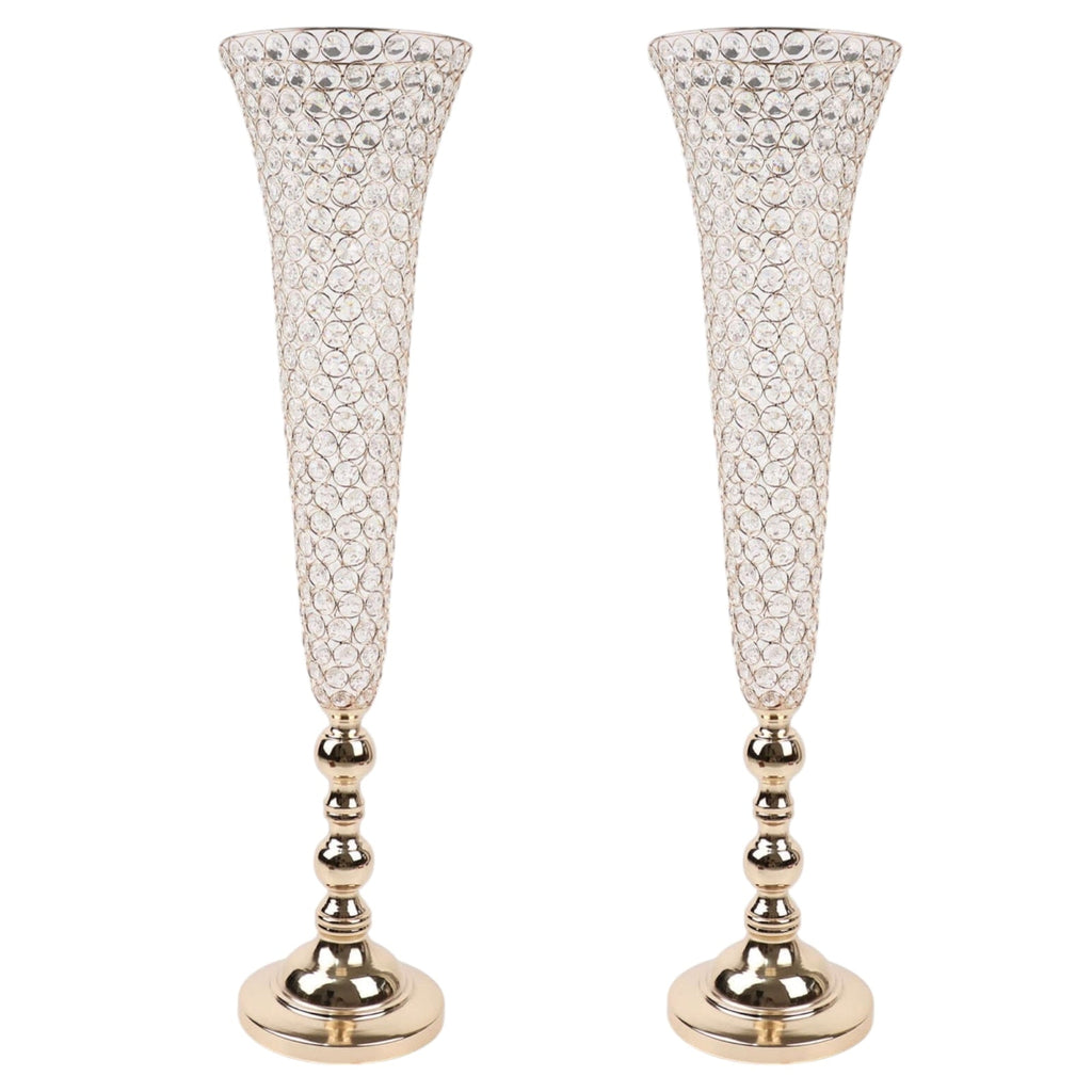 2 - Pack Crystal Beaded Trumpet Vase Set Gold - Table Centerpiece for Grand Occasions 40" - Bell Racket Store