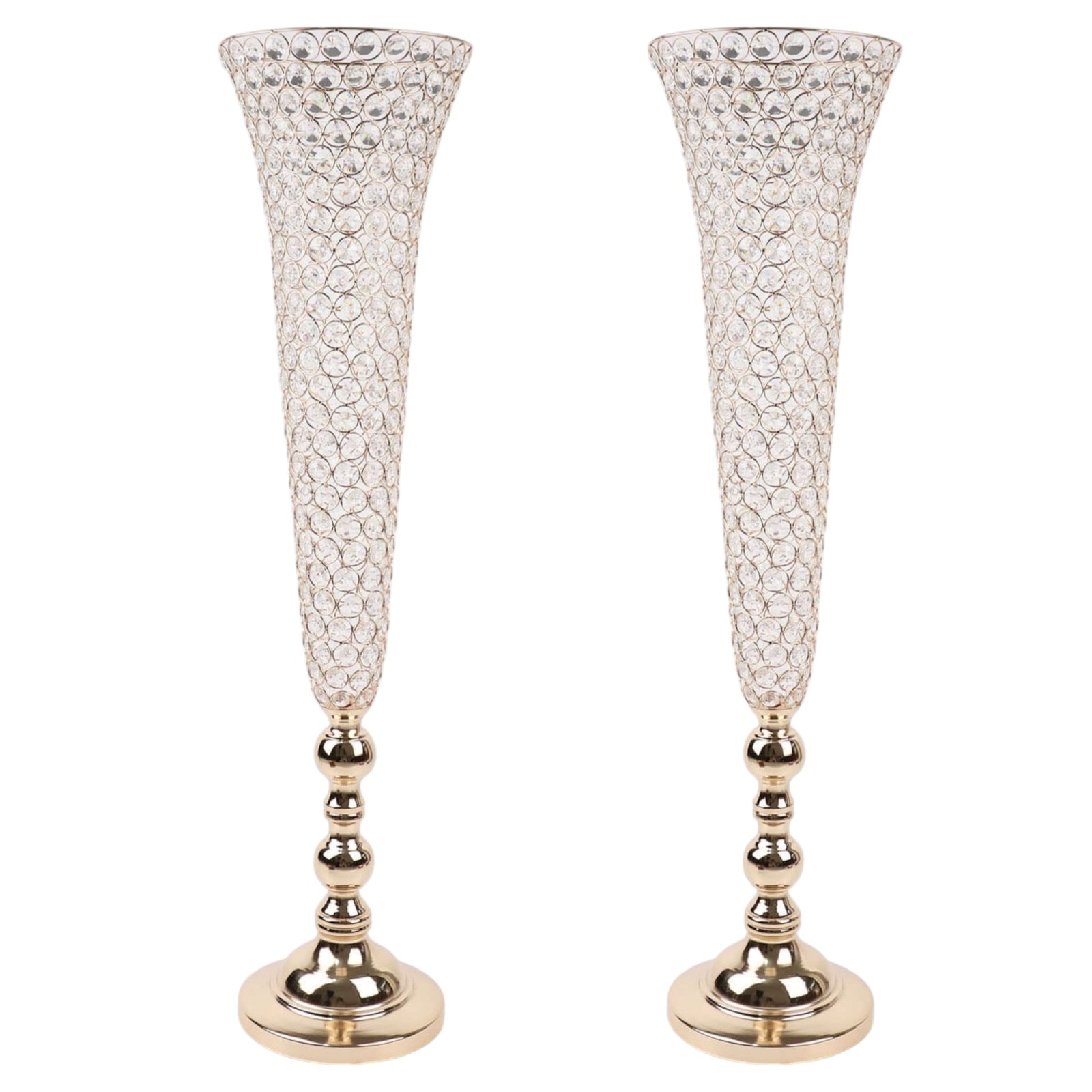 2 - Pack Crystal Beaded Trumpet Vase Set Gold - Table Centerpiece for Grand Occasions 40" - Bell Racket Store