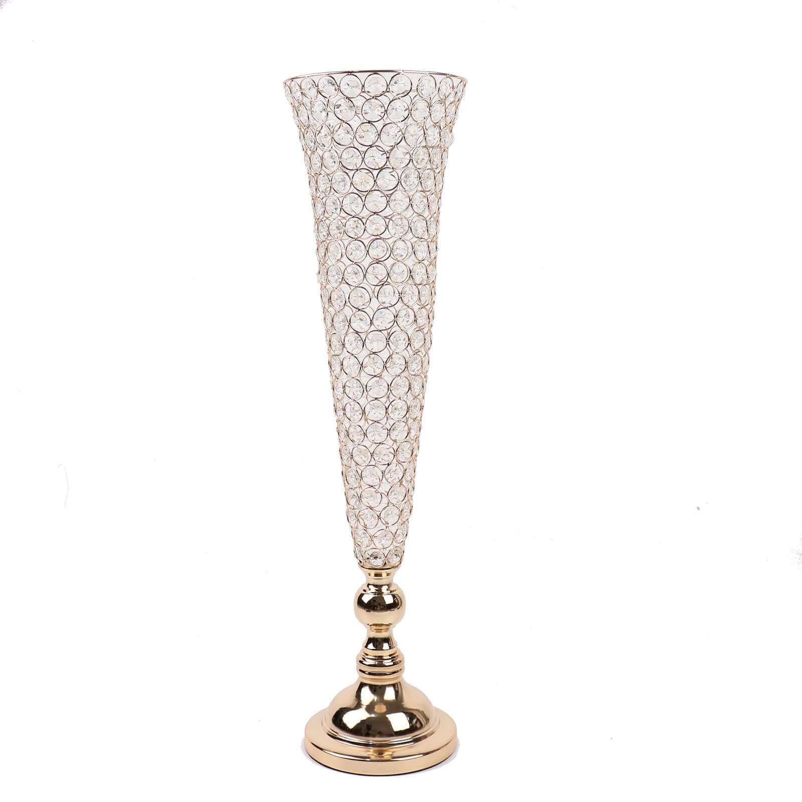 2 - Pack Crystal Beaded Trumpet Vase Set Gold - Table Centerpiece for Weddings and Events 32" - Bell Racket Store