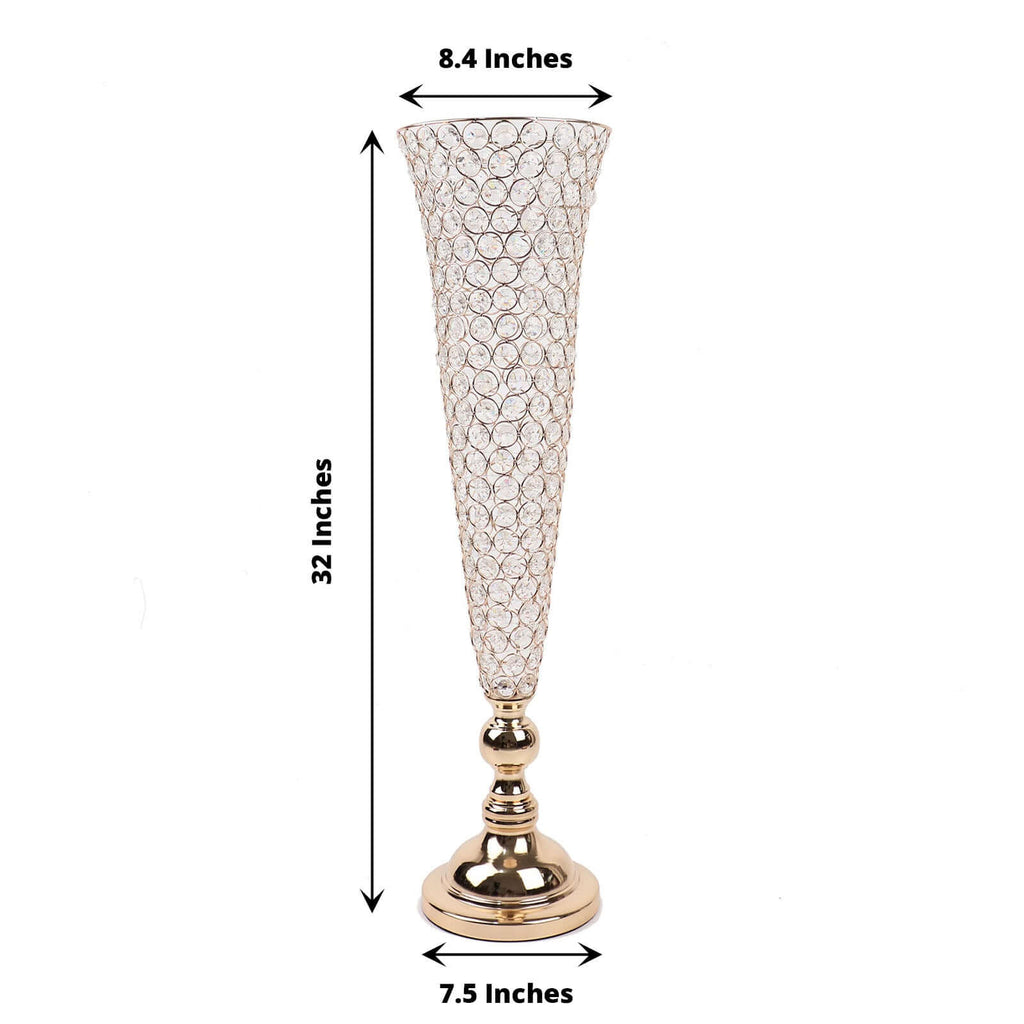 2 - Pack Crystal Beaded Trumpet Vase Set Gold - Table Centerpiece for Weddings and Events 32" - Bell Racket Store