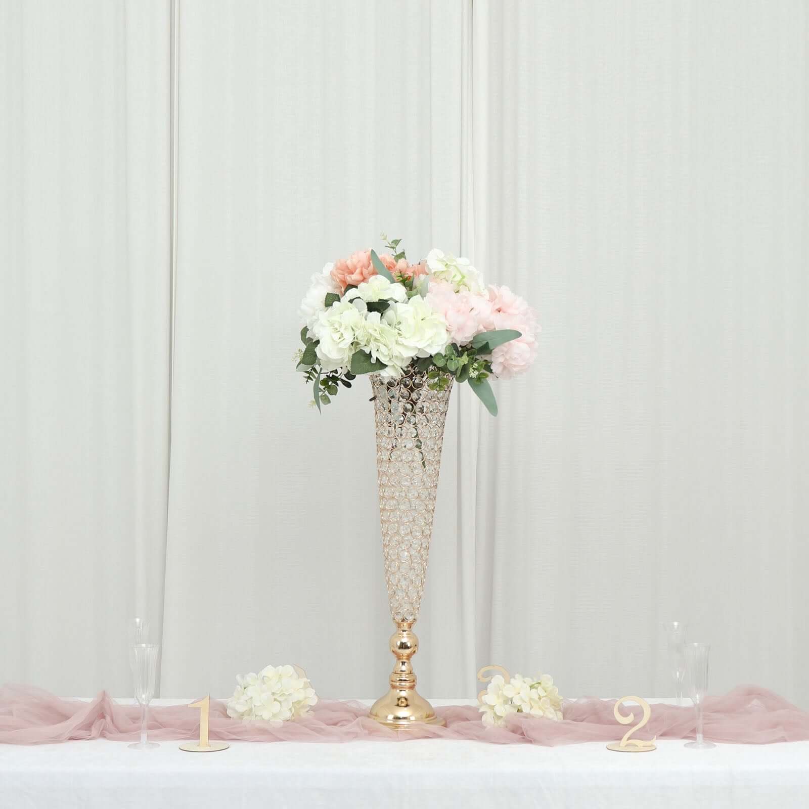2 - Pack Crystal Beaded Trumpet Vase Set Gold - Table Centerpiece for Weddings and Events 32" - Bell Racket Store