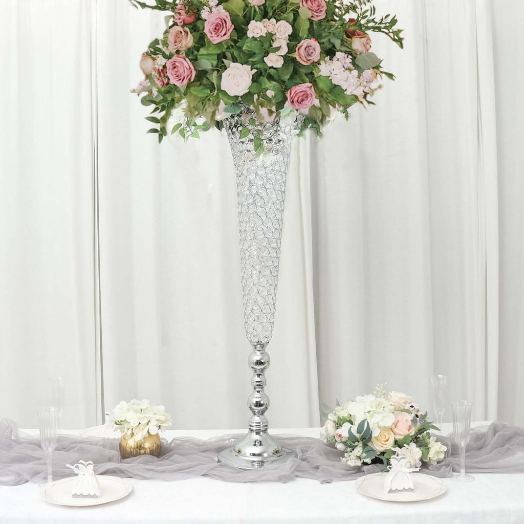 2 - Pack Crystal Beaded Trumpet Vase Set Silver - Table Centerpiece for Grand Occasions 40" - Bell Racket Store