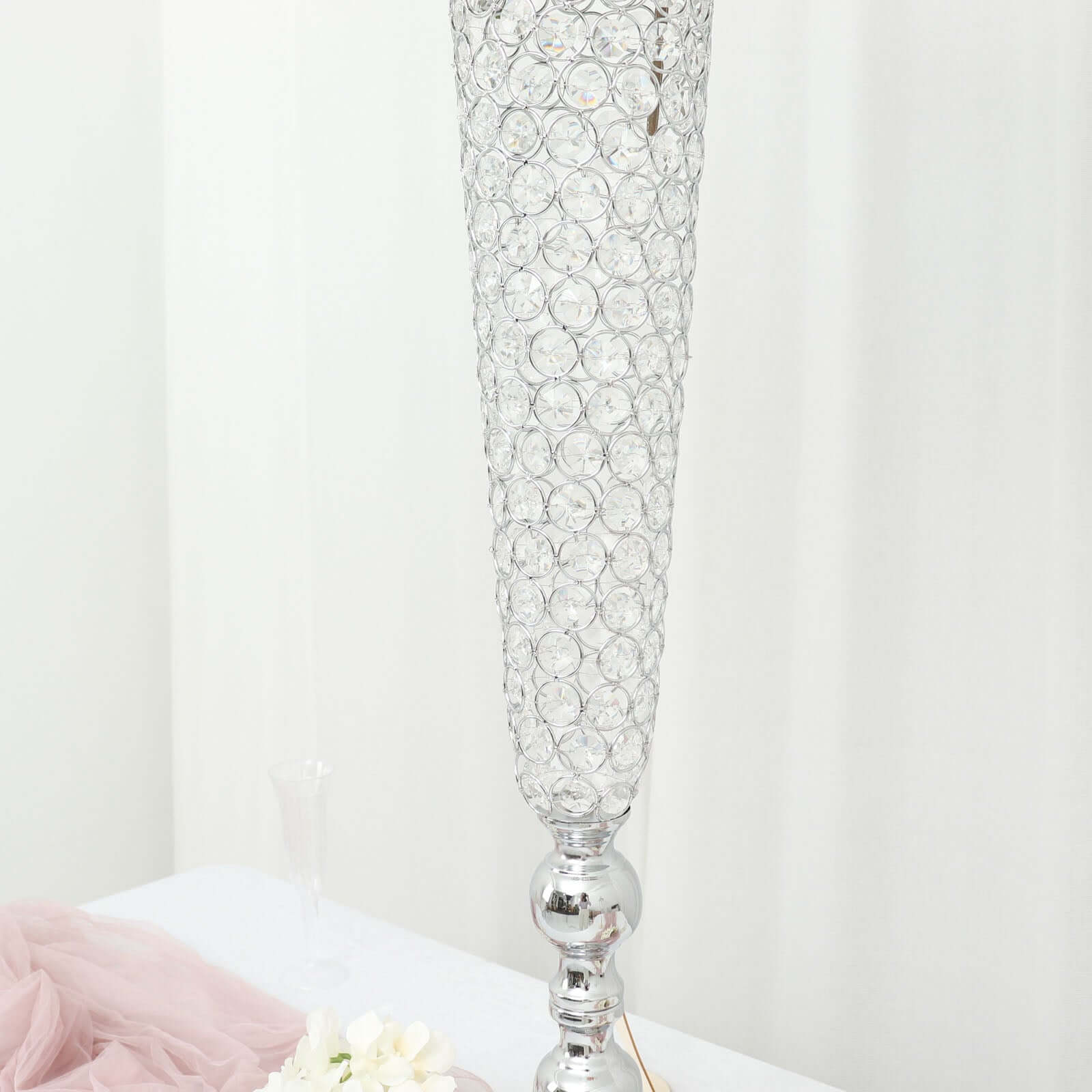 2 - Pack Crystal Beaded Trumpet Vase Set Silver - Table Centerpiece for Grand Occasions 40" - Bell Racket Store
