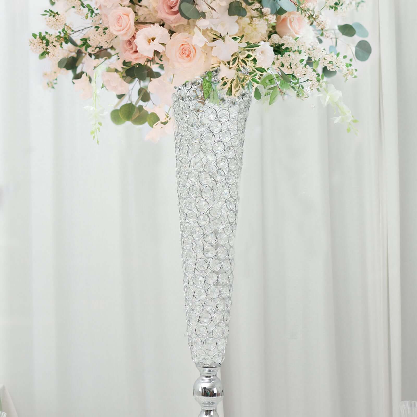 2 - Pack Crystal Beaded Trumpet Vase Set Silver - Table Centerpiece for Grand Occasions 40" - Bell Racket Store