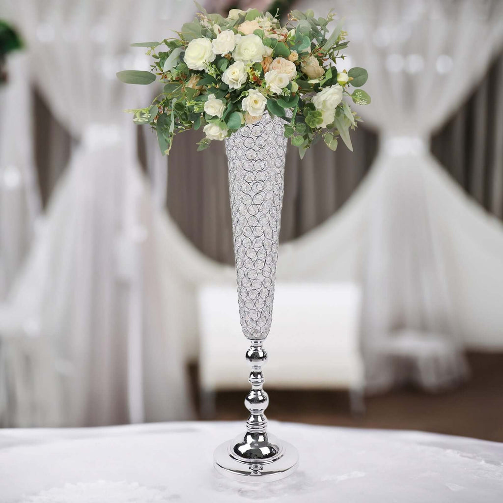 2 - Pack Crystal Beaded Trumpet Vase Set Silver - Table Centerpiece for Grand Occasions 40" - Bell Racket Store