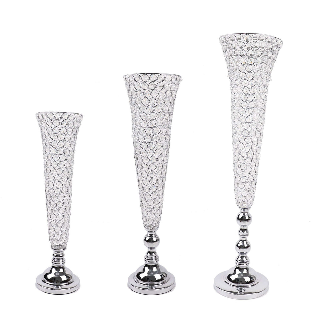 2 - Pack Crystal Beaded Trumpet Vase Set Silver - Table Centerpiece for Grand Occasions 40" - Bell Racket Store