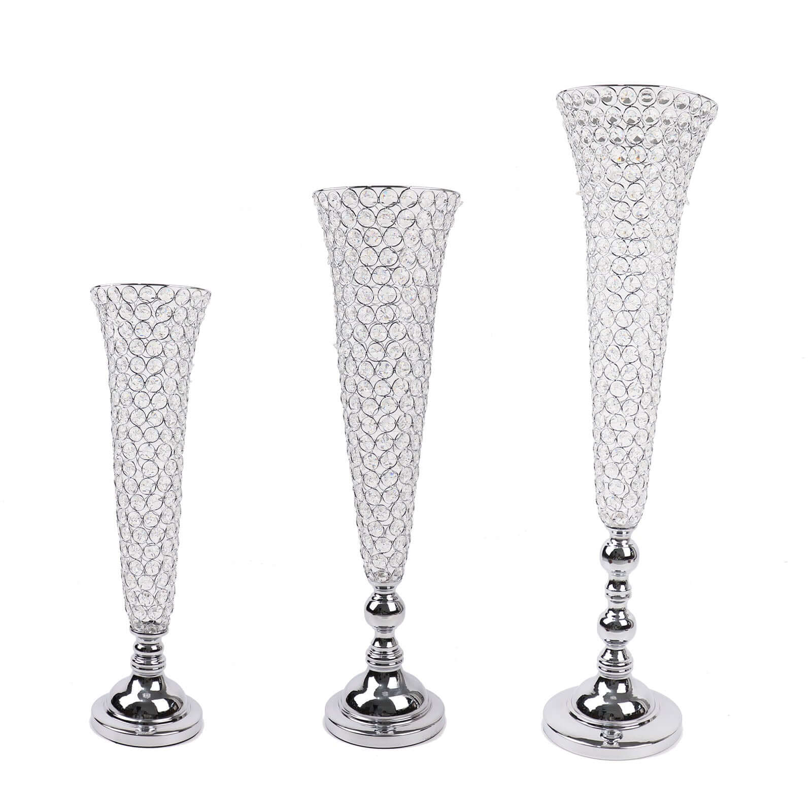 2 - Pack Crystal Beaded Trumpet Vase Set Silver - Table Centerpiece for Grand Occasions 40" - Bell Racket Store