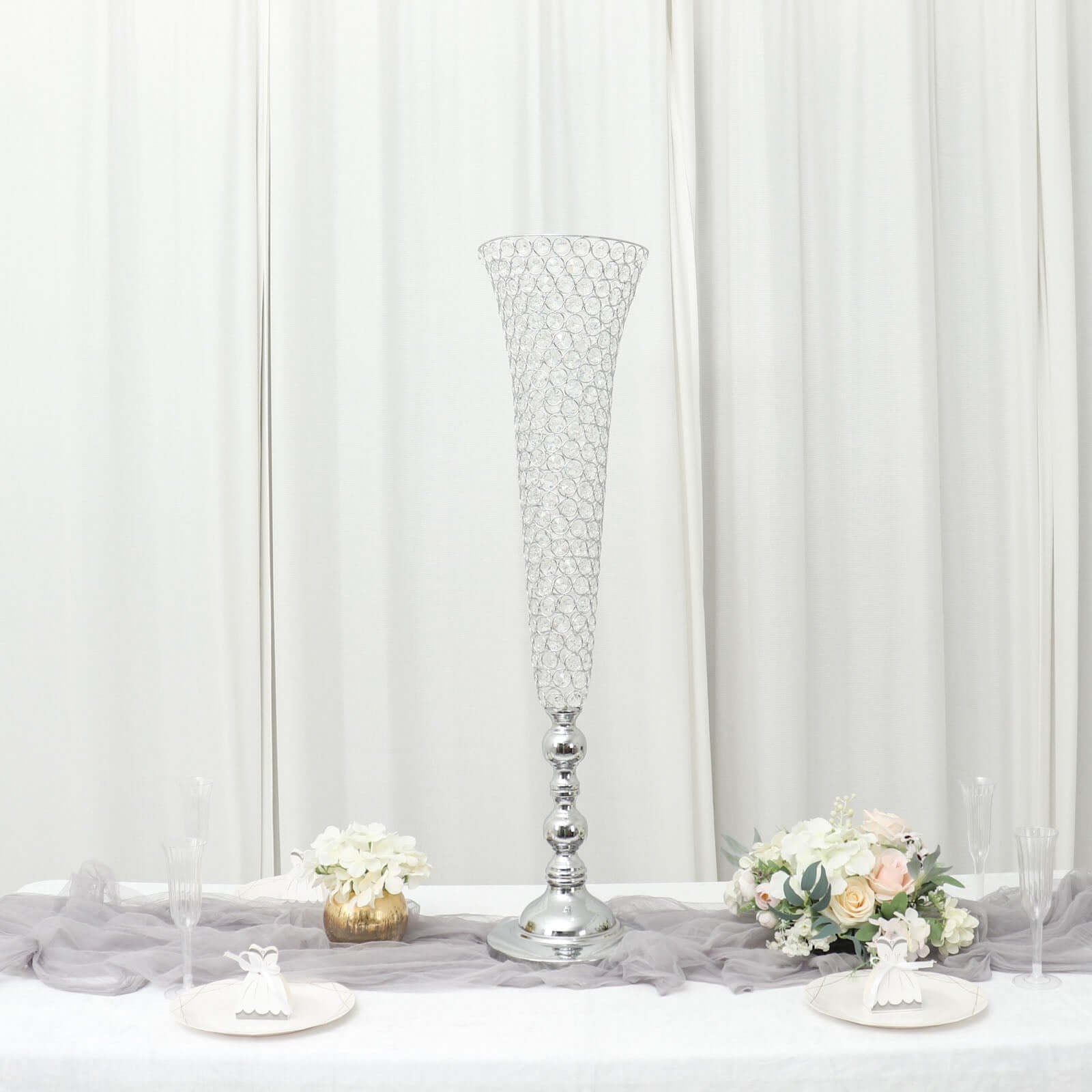 2 - Pack Crystal Beaded Trumpet Vase Set Silver - Table Centerpiece for Grand Occasions 40" - Bell Racket Store