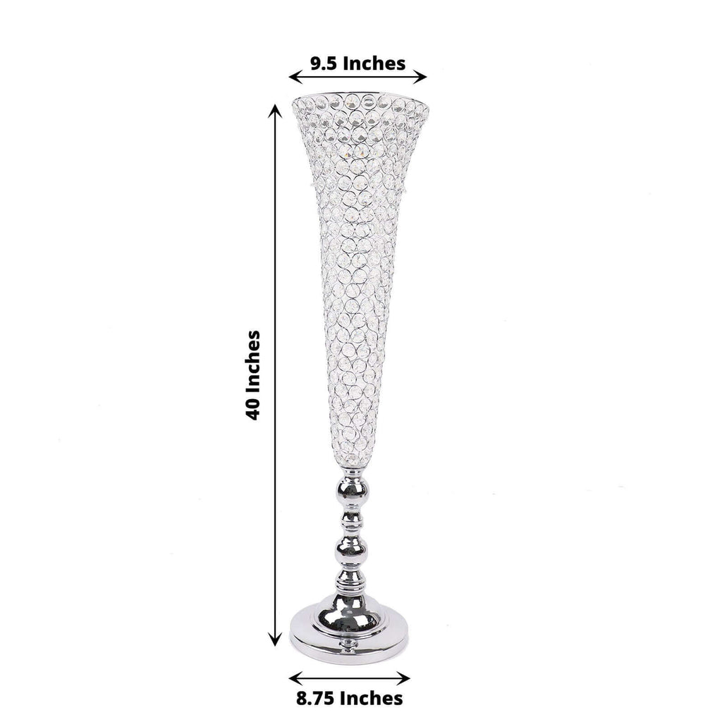 2 - Pack Crystal Beaded Trumpet Vase Set Silver - Table Centerpiece for Grand Occasions 40" - Bell Racket Store