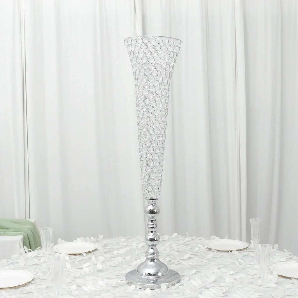 2 - Pack Crystal Beaded Trumpet Vase Set Silver - Table Centerpiece for Grand Occasions 40" - Bell Racket Store