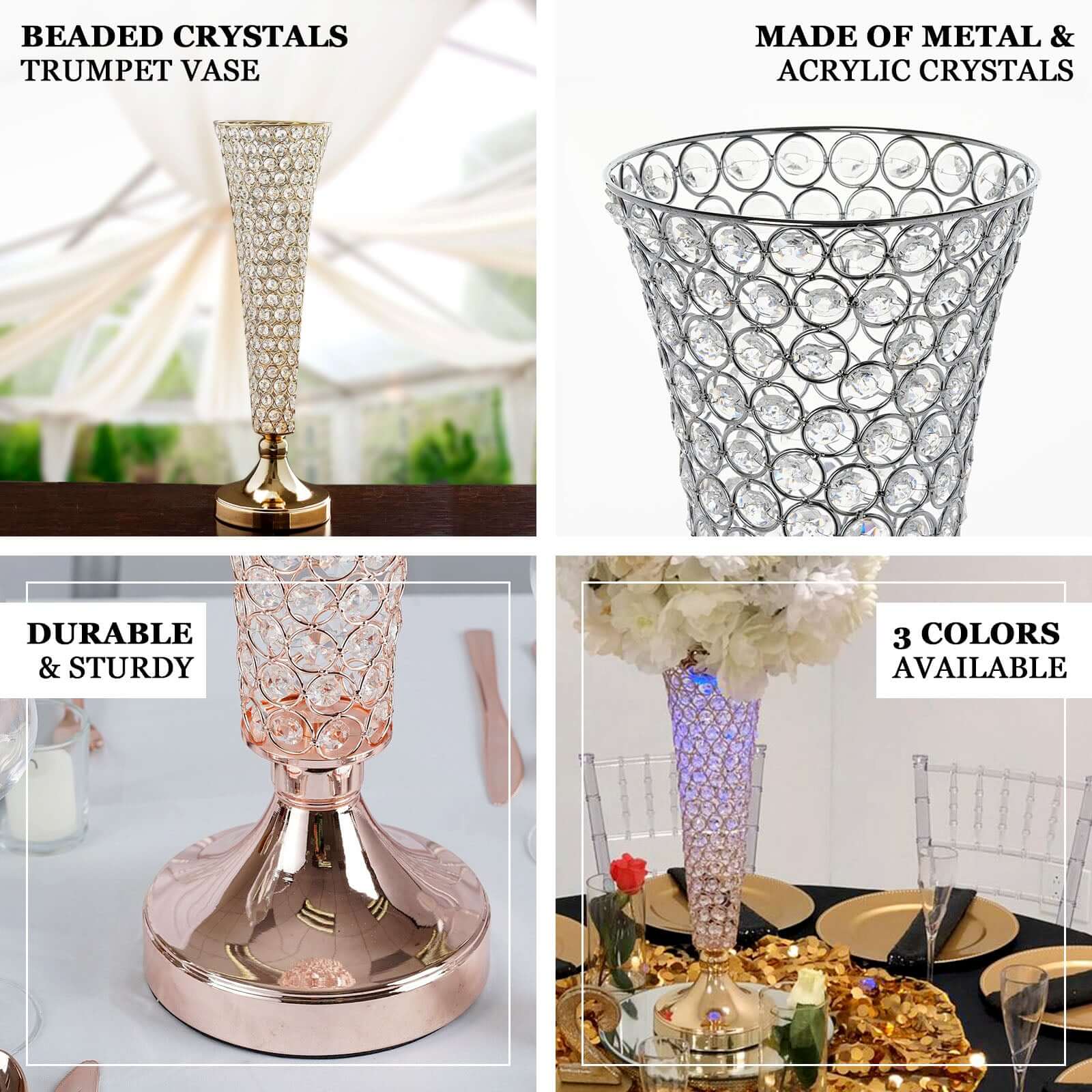2 - Pack Crystal Beaded Trumpet Vase Set Silver - Table Centerpiece for Grand Occasions 40" - Bell Racket Store