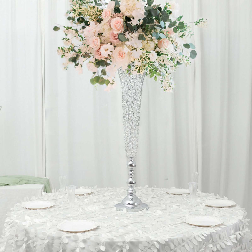 2 - Pack Crystal Beaded Trumpet Vase Set Silver - Table Centerpiece for Grand Occasions 40" - Bell Racket Store