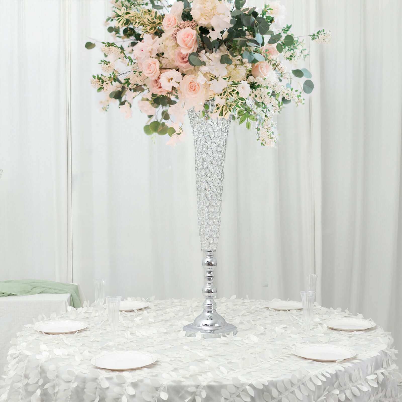 2 - Pack Crystal Beaded Trumpet Vase Set Silver - Table Centerpiece for Grand Occasions 40" - Bell Racket Store