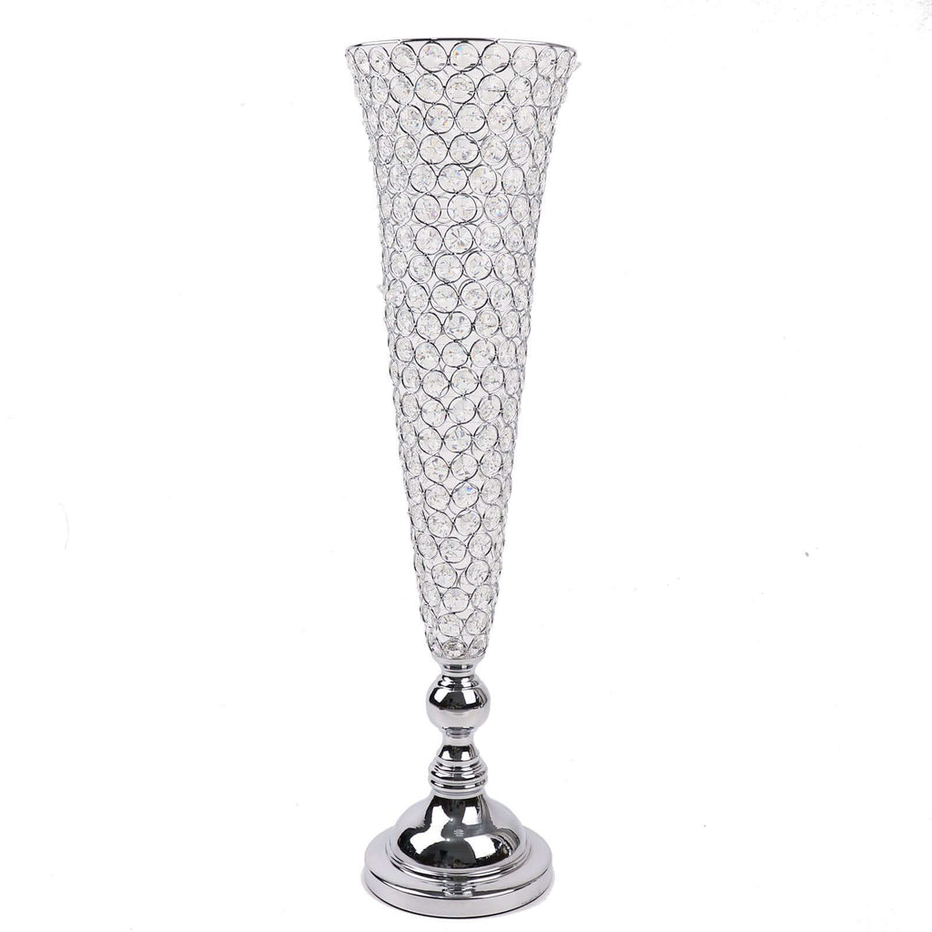 2 - Pack Crystal Beaded Trumpet Vase Set Silver - Table Centerpiece for Weddings and Events 32" - Bell Racket Store