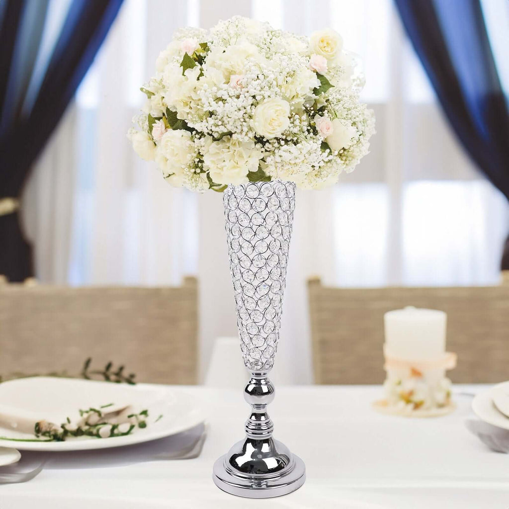 2 - Pack Crystal Beaded Trumpet Vase Set Silver - Table Centerpiece for Weddings and Events 32" - Bell Racket Store