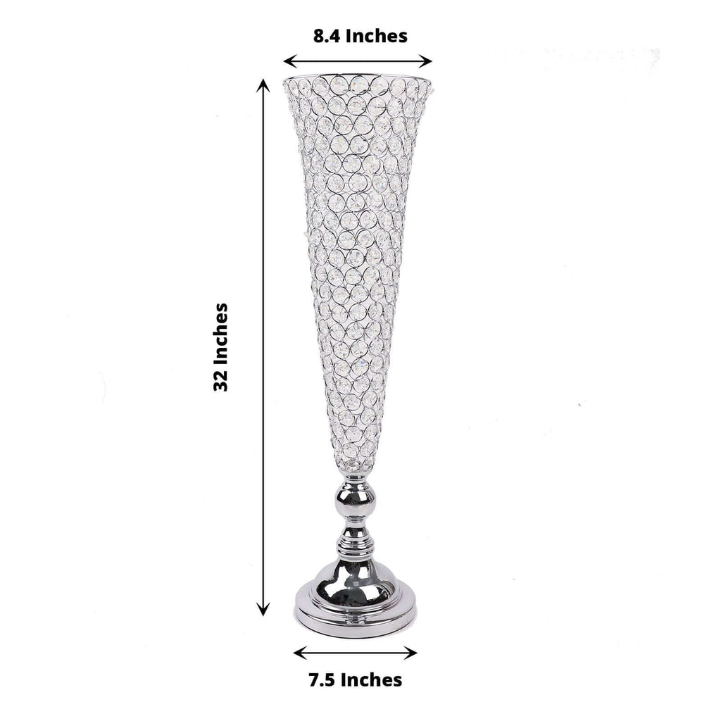 2 - Pack Crystal Beaded Trumpet Vase Set Silver - Table Centerpiece for Weddings and Events 32" - Bell Racket Store