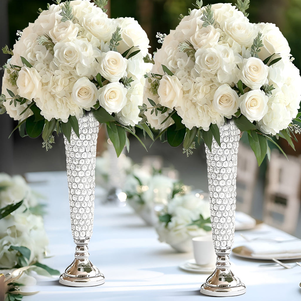 2 - Pack Crystal Beaded Trumpet Vase Silver - Exquisite Floral Display Centerpiece Stand Set for Banquets & Receptions 28" Tall - Bell Racket Store