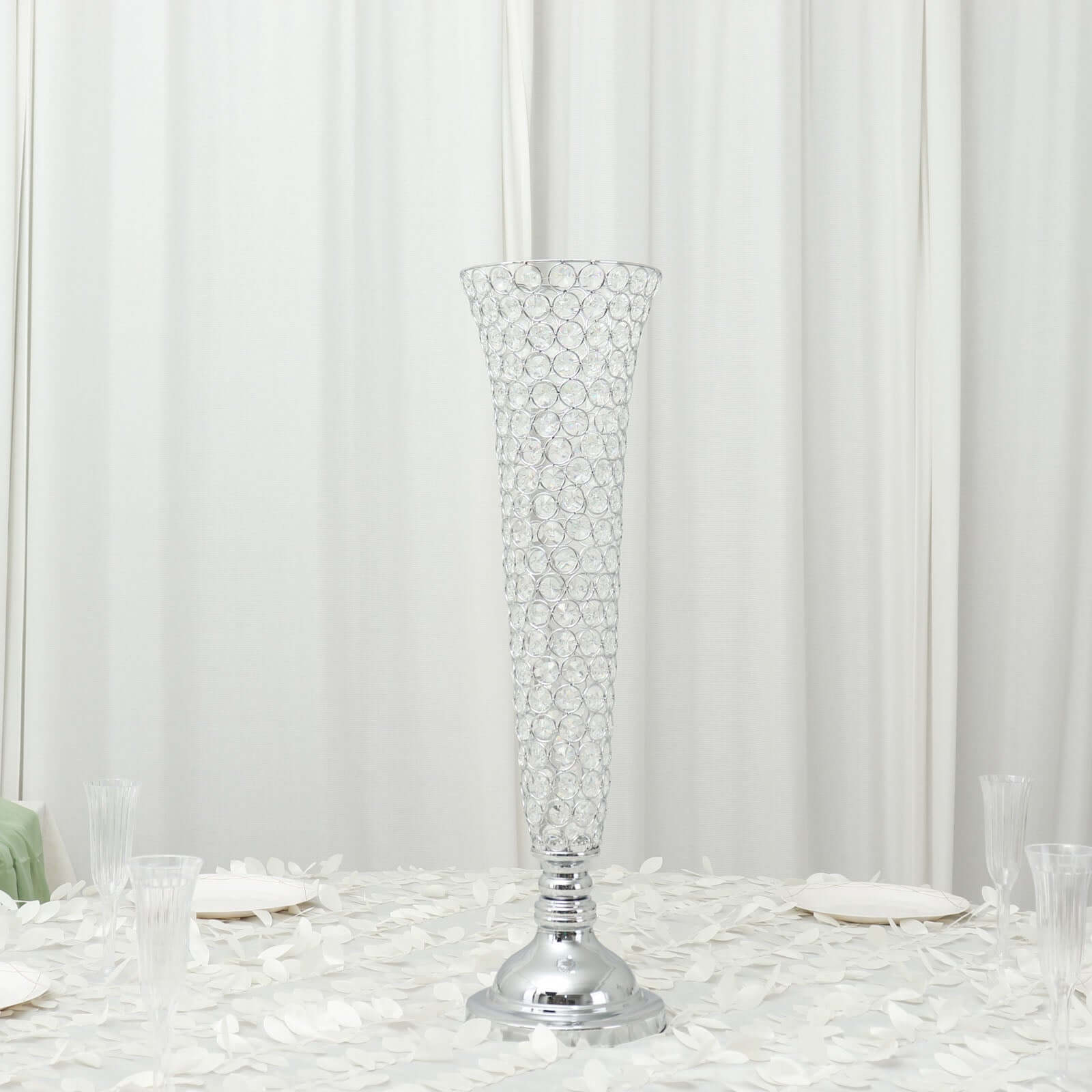 2 - Pack Crystal Beaded Trumpet Vase Silver - Exquisite Floral Display Centerpiece Stand Set for Banquets & Receptions 28" Tall - Bell Racket Store